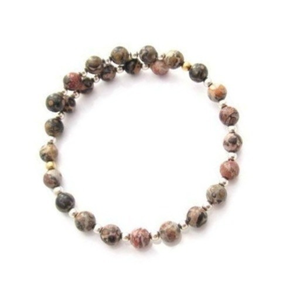 Vintage‎ Beautiful Picture Jasper Gemstone Beaded Wrap Bypass Silver Bracelet